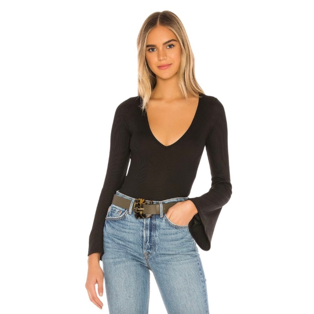 Free People Charli‎ Ribbed V-Neck Bodysuit Women’s Medium Black Bell Sleeve